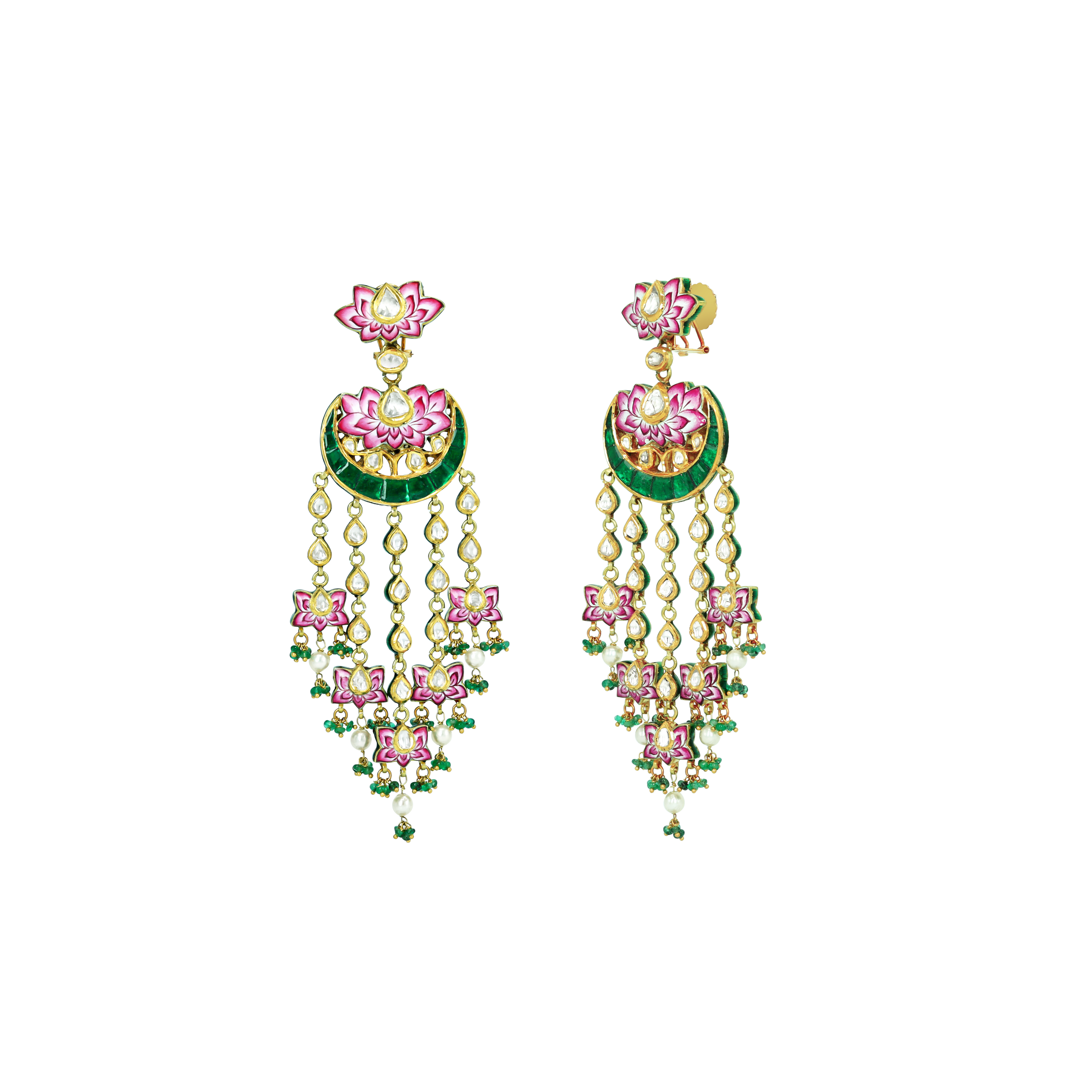 Pink-Green Lotus Enamel Earrings with Polkis